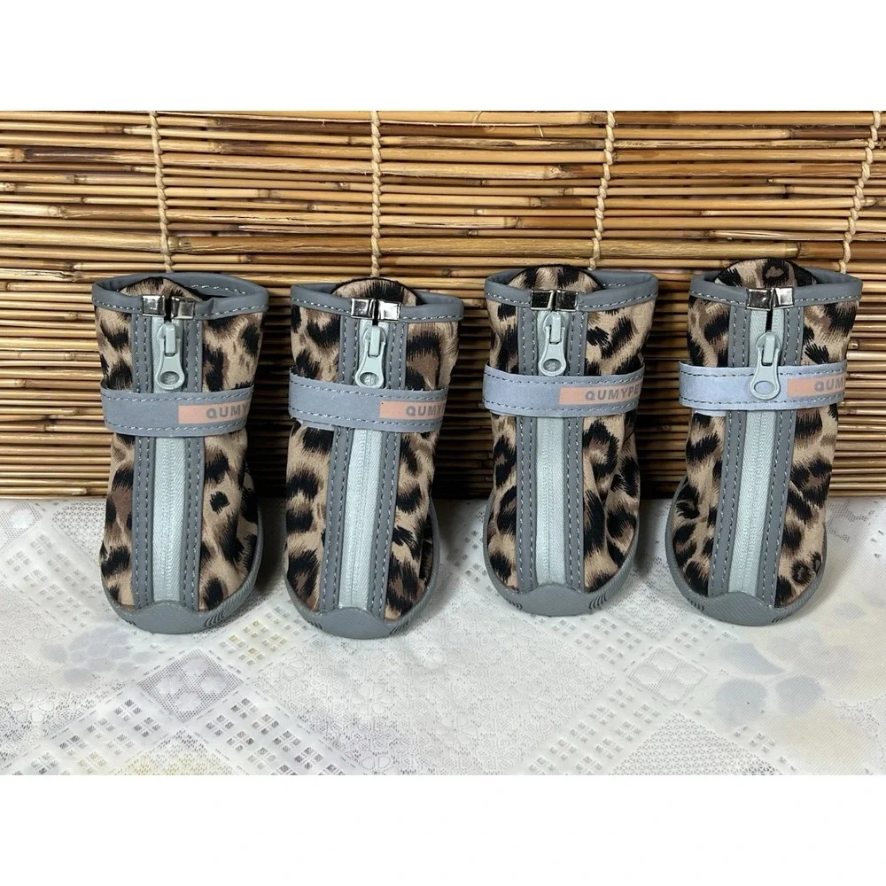 Dog Boots Shoes Size 5 Non-slip Rubber Brown Gray Leopard Print Set‎ of 4